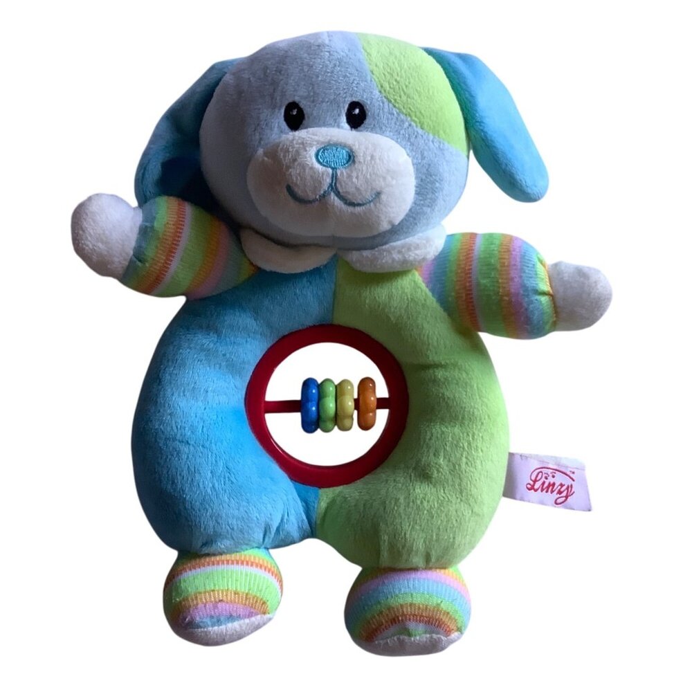 Linzy Colorful Plush Puppy Dog Baby Rattle Toy Stuffed Animal 10" Multicolor‎